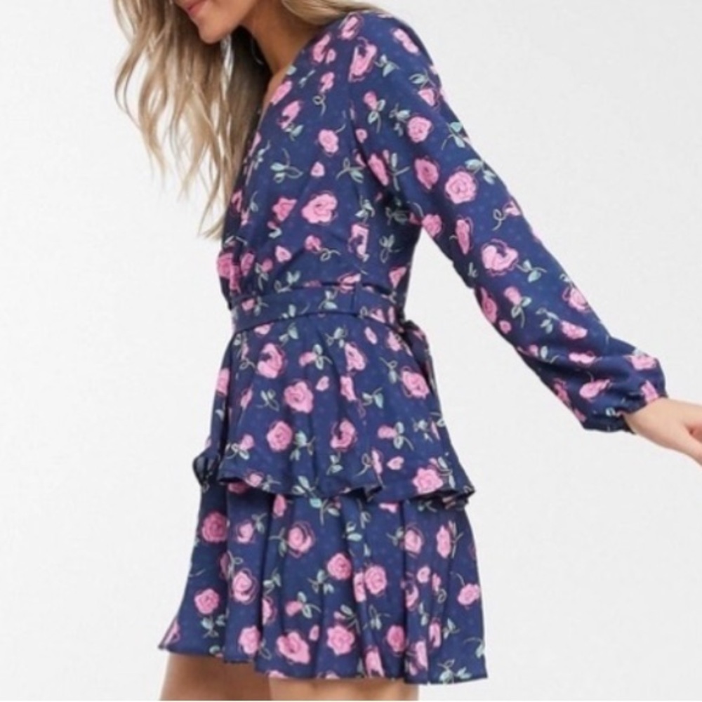 John Zack plunge front ruffle tea dress in floral blue pink graphic lined